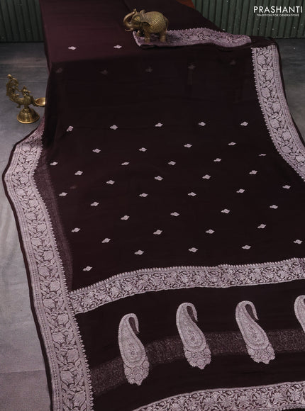 Banarasi chiffon silk saree coffee brown with silver zari woven buttas and silver zari woven border