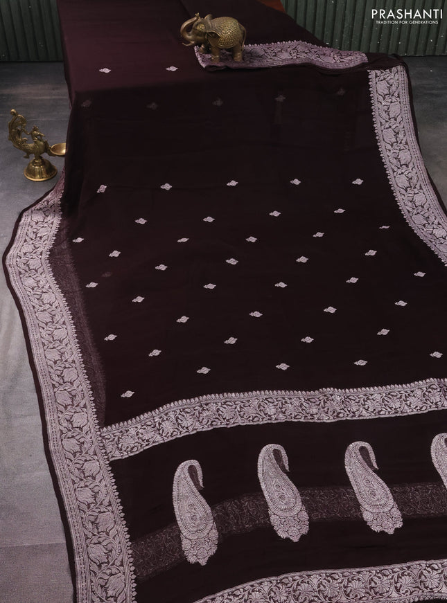 Banarasi chiffon silk saree coffee brown with silver zari woven buttas and silver zari woven border