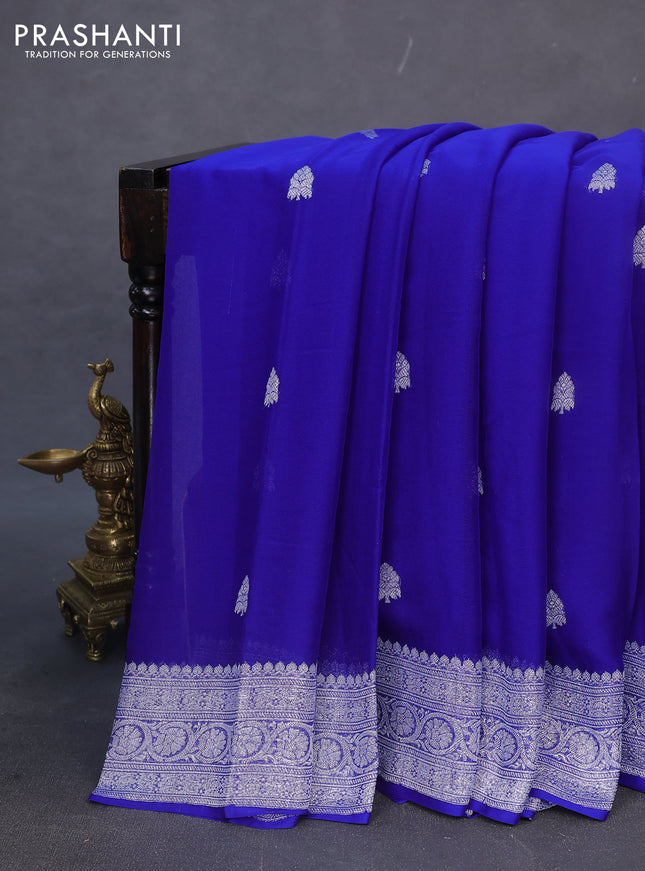 Banarasi chiffon silk saree royal blue with silver zari woven buttas and silver zari woven border