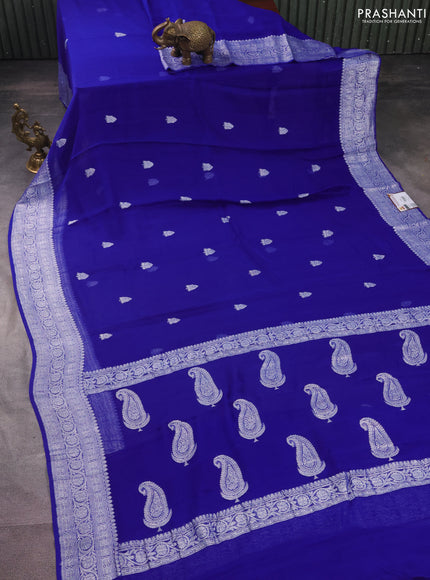Banarasi chiffon silk saree royal blue with silver zari woven buttas and silver zari woven border