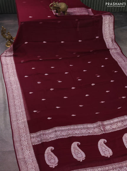 Banarasi chiffon silk saree wine shade with silver zari woven buttas and silver zari woven border