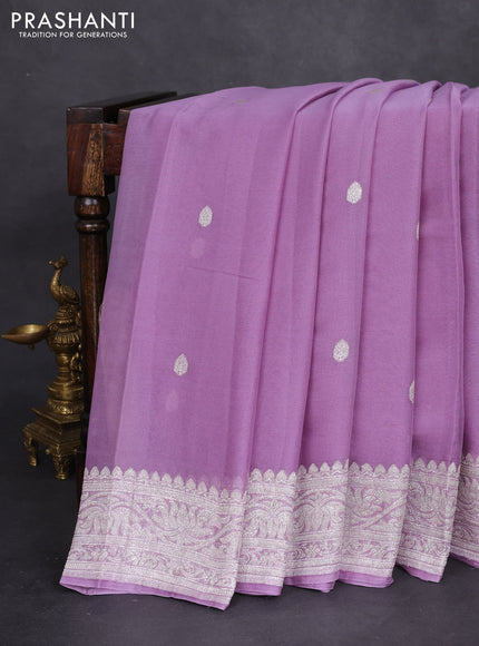 Banarasi chiffon silk saree pastel lavender with silver zari woven buttas and silver zari woven border