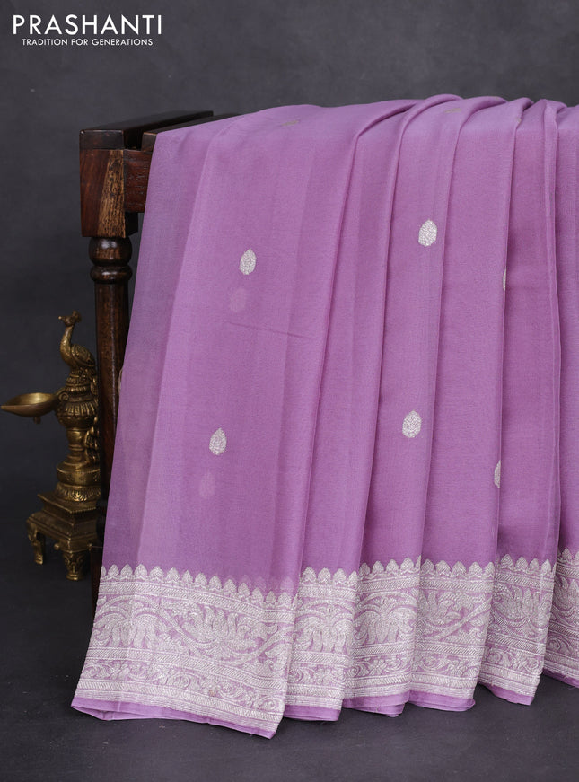 Banarasi chiffon silk saree pastel lavender with silver zari woven buttas and silver zari woven border