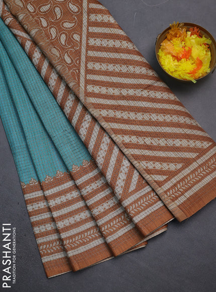 Chappa saree teal blue and dark mustard with allover small zari checked pattern and printed border