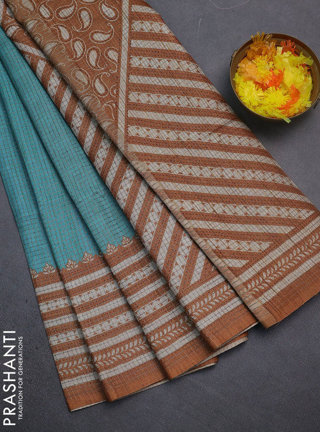 Chappa saree teal blue and dark mustard with allover small zari checked pattern and printed border