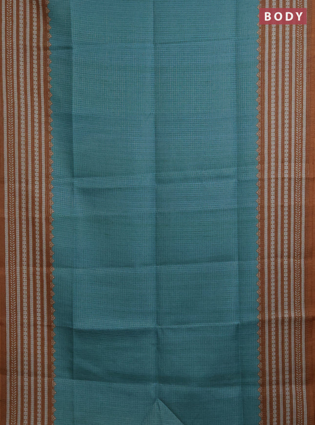 Chappa saree teal blue and dark mustard with allover small zari checked pattern and printed border
