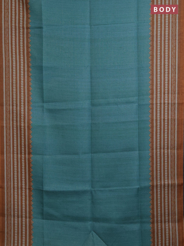 Chappa saree teal blue and dark mustard with allover small zari checked pattern and printed border
