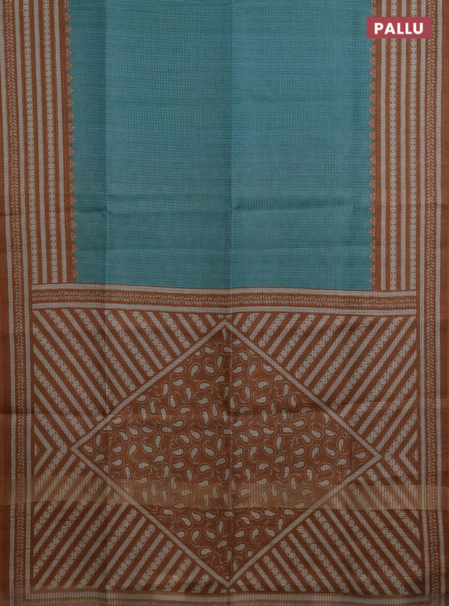 Chappa saree teal blue and dark mustard with allover small zari checked pattern and printed border