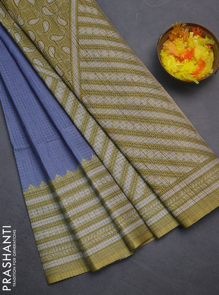 Chappa saree blue shade and lime green with allover small zari checked pattern and printed border