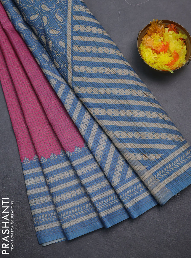 Chappa saree pink and cs blue with allover small zari checked pattern and printed border