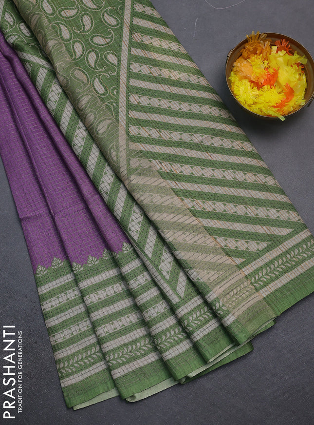 Chappa saree purple and green with allover small zari checked pattern and printed border