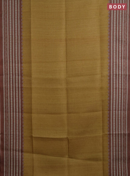 Chappa saree mustard shade and brown with allover small zari checked pattern and printed border