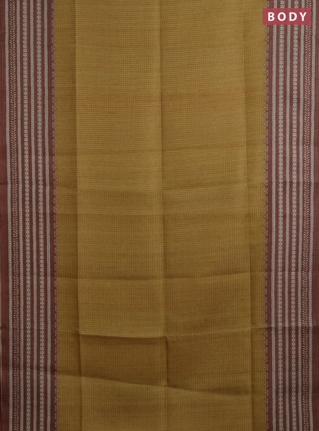 Chappa saree mustard shade and brown with allover small zari checked pattern and printed border
