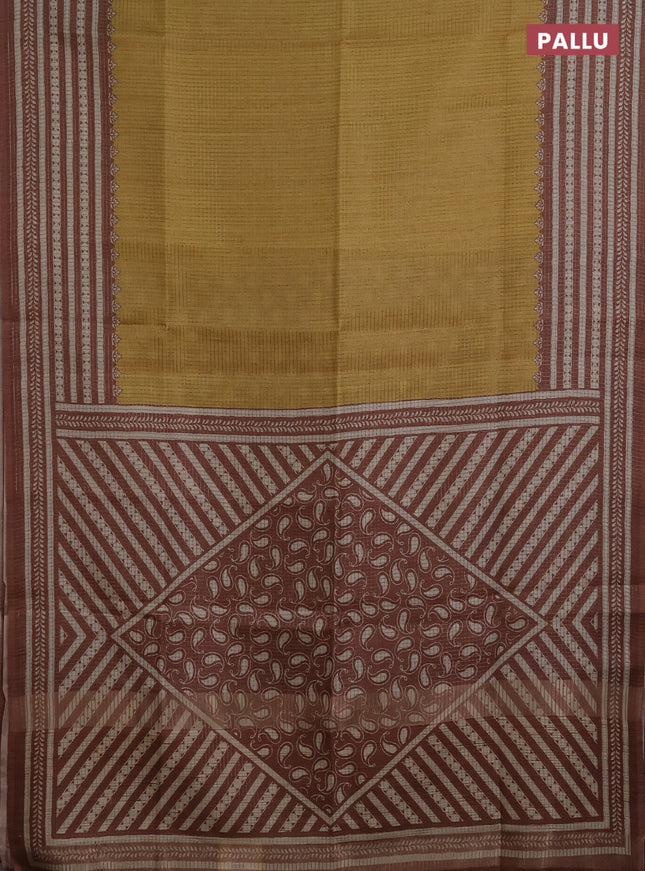 Chappa saree mustard shade and brown with allover small zari checked pattern and printed border