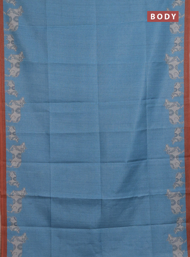Chappa saree light blue and rust shade with allover small zari checked pattern and pichwai printed pallu