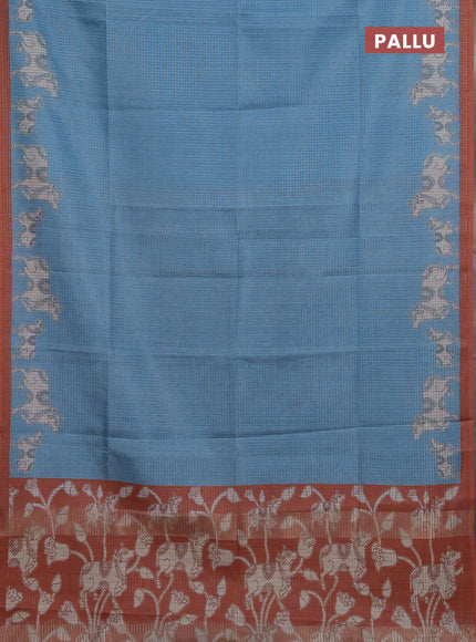 Chappa saree light blue and rust shade with allover small zari checked pattern and pichwai printed pallu