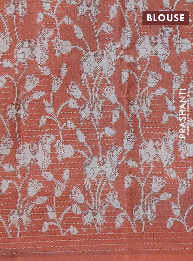 Chappa saree light blue and rust shade with allover small zari checked pattern and pichwai printed pallu