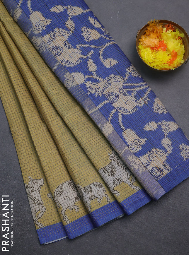 Chappa saree yellow and blue with allover small zari checked pattern and pichwai printed pallu