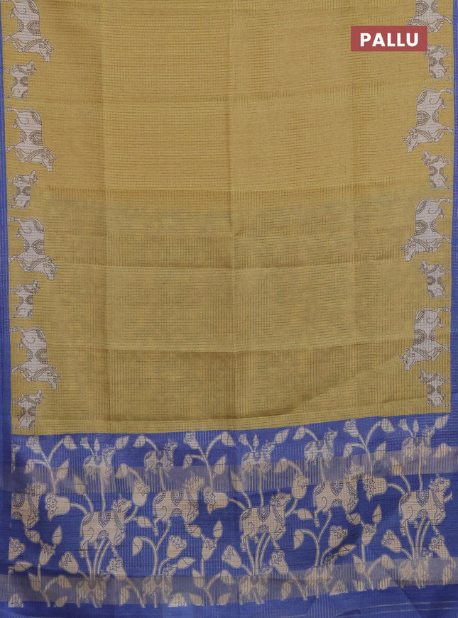 Chappa saree yellow and blue with allover small zari checked pattern and pichwai printed pallu