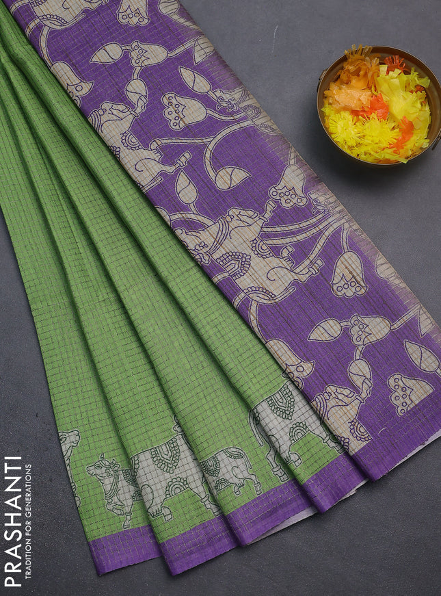 Chappa saree light green and lavender with allover small zari checked pattern and pichwai printed pallu
