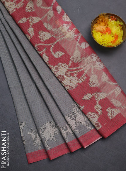 Chappa saree grey and maroon with allover small zari checked pattern and pichwai printed pallu