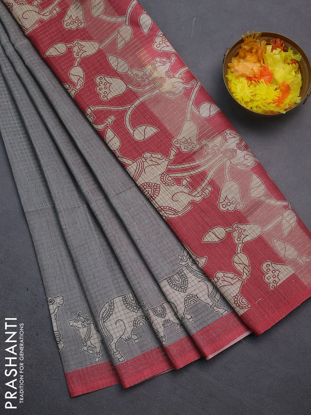 Chappa saree grey and maroon with allover small zari checked pattern and pichwai printed pallu