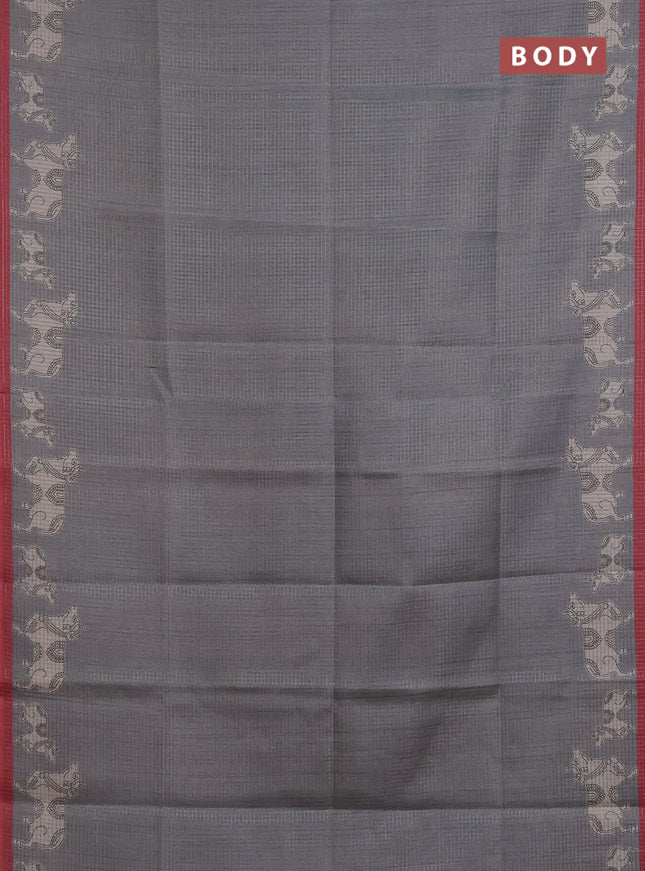Chappa saree grey and maroon with allover small zari checked pattern and pichwai printed pallu