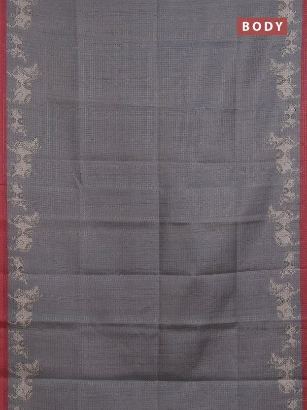 Chappa saree grey and maroon with allover small zari checked pattern and pichwai printed pallu