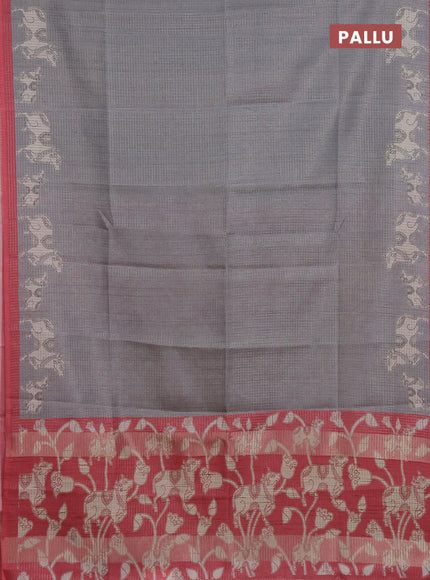 Chappa saree grey and maroon with allover small zari checked pattern and pichwai printed pallu