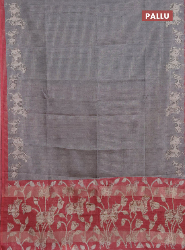 Chappa saree grey and maroon with allover small zari checked pattern and pichwai printed pallu