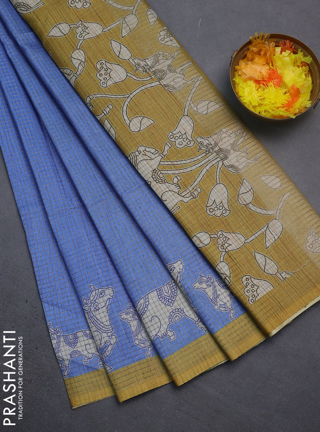 Chappa saree blue and mehendi green with allover small zari checked pattern and pichwai printed pallu