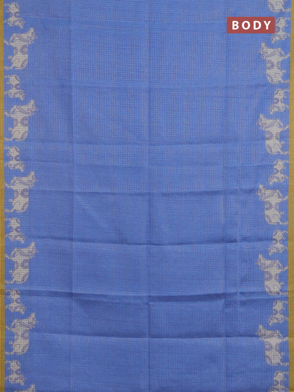 Chappa saree blue and mehendi green with allover small zari checked pattern and pichwai printed pallu