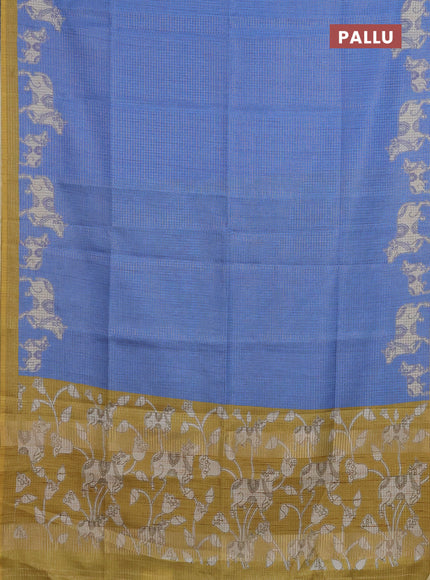 Chappa saree blue and mehendi green with allover small zari checked pattern and pichwai printed pallu