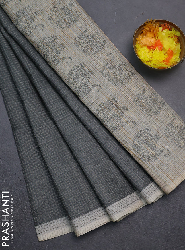 Chappa saree elephant grey and pastel grey with allover small zari checked pattern and elephant butta prints
