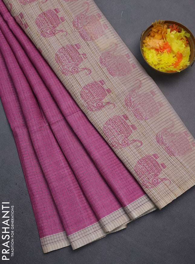 Chappa saree magenta pink and beige with allover small zari checked pattern and elephant butta prints