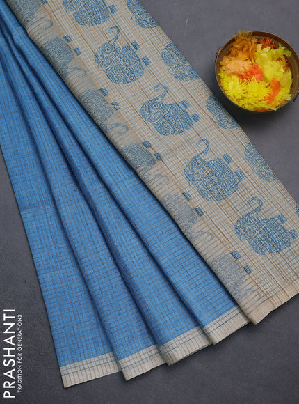 Chappa saree light blue and grey with allover small zari checked pattern and elephant butta prints
