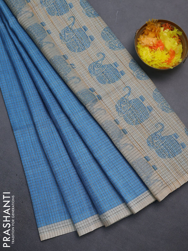 Chappa saree light blue and grey with allover small zari checked pattern and elephant butta prints