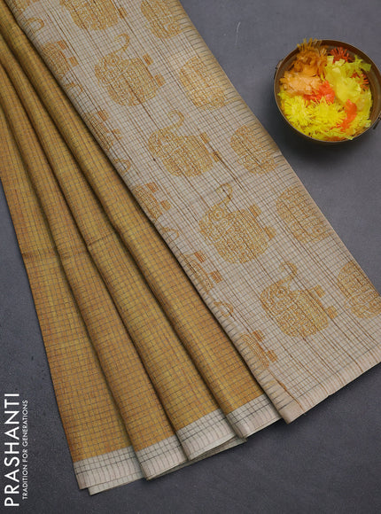 Chappa saree mustard yellow and beige with allover small zari checked pattern and elephant butta prints