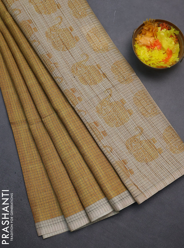 Chappa saree mustard yellow and beige with allover small zari checked pattern and elephant butta prints