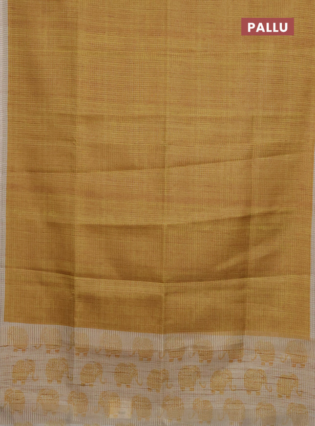 Chappa saree mustard yellow and beige with allover small zari checked pattern and elephant butta prints
