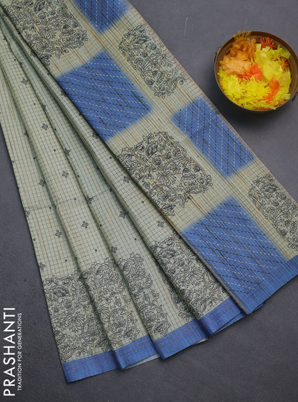 Chappa saree pastel green and blue with allover small zari checked pattern & butta prints and printed border