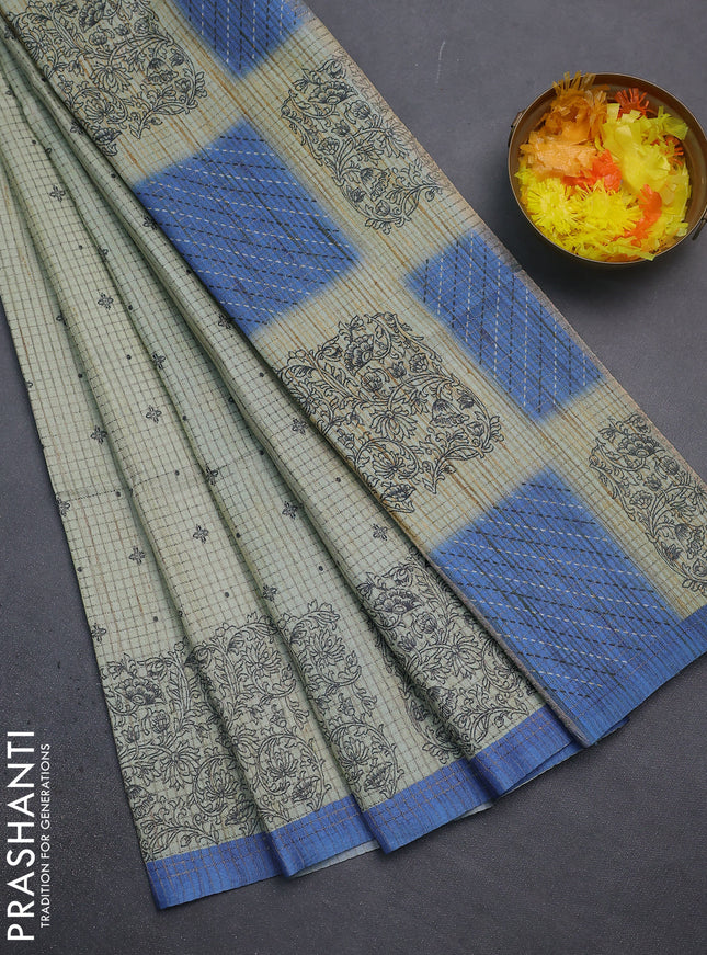Chappa saree pastel green and blue with allover small zari checked pattern & butta prints and printed border