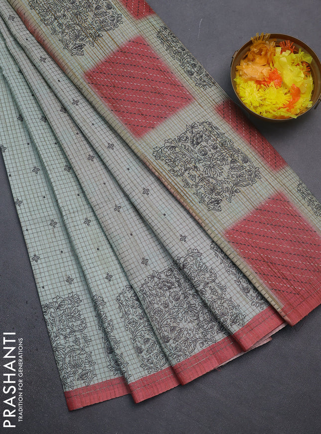 Chappa saree pastel green and red shade with allover small zari checked pattern & butta prints and printed border