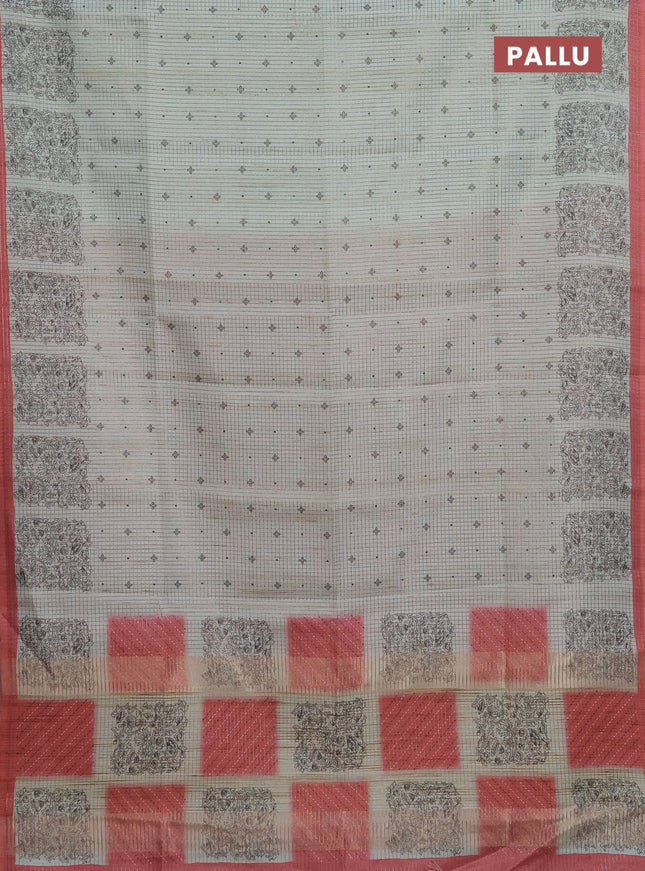 Chappa saree pastel green and red shade with allover small zari checked pattern & butta prints and printed border