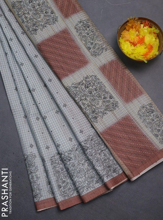 Chappa saree pastel grey and brown with allover small zari checked pattern & butta prints and printed border