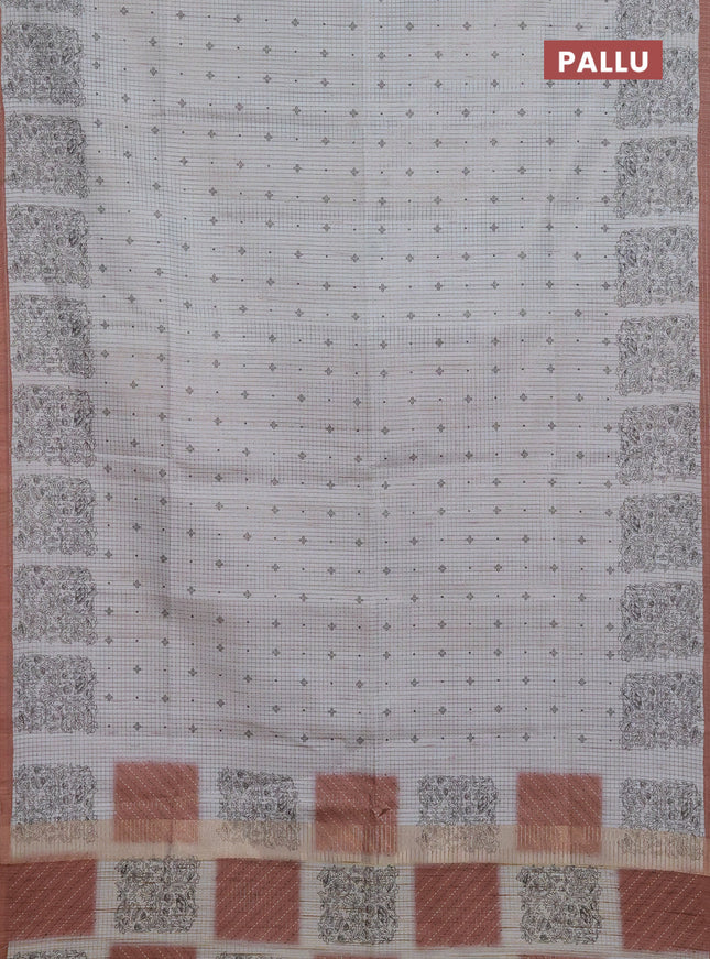 Chappa saree pastel grey and brown with allover small zari checked pattern & butta prints and printed border