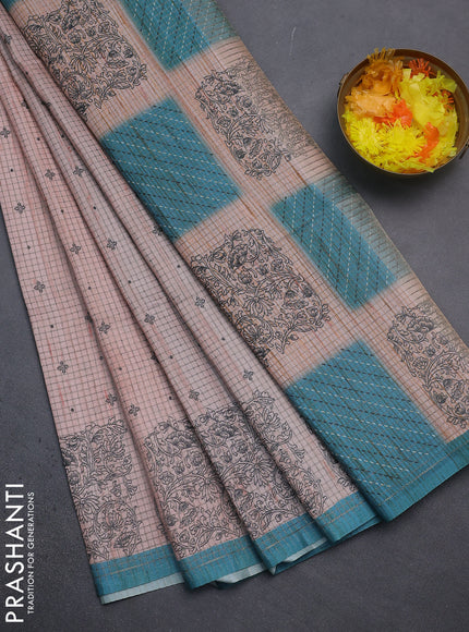 Chappa saree peach shade and teal blue with allover small zari checked pattern & butta prints and printed border