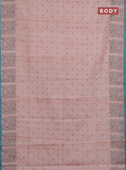 Chappa saree peach shade and teal blue with allover small zari checked pattern & butta prints and printed border