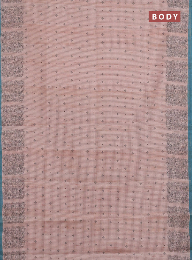 Chappa saree peach shade and teal blue with allover small zari checked pattern & butta prints and printed border