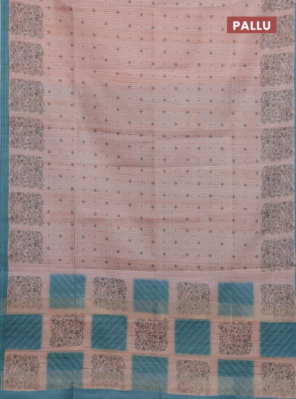 Chappa saree peach shade and teal blue with allover small zari checked pattern & butta prints and printed border